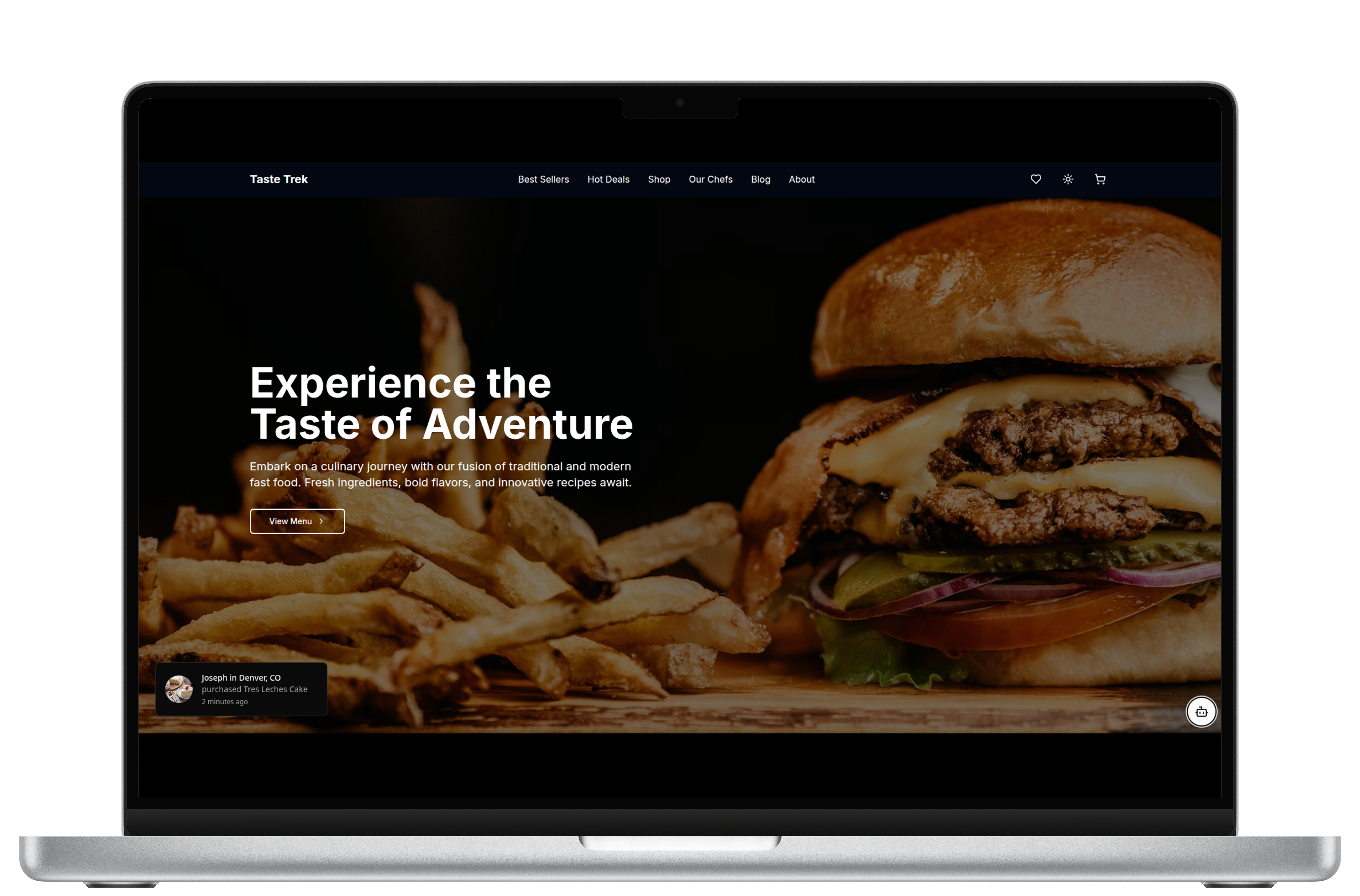 Modern restaurant website interface showing menu, reservations, and online ordering system